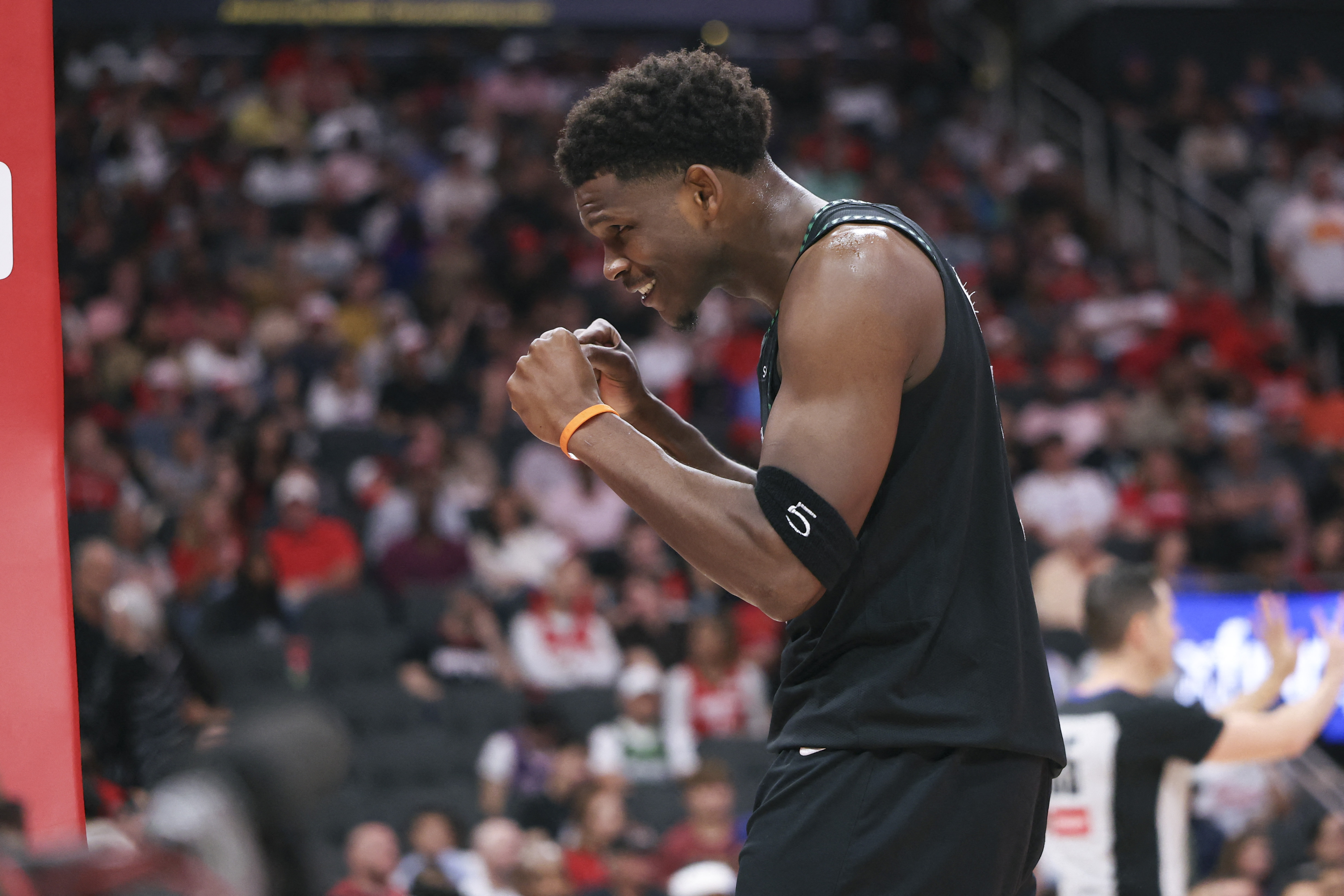 Minnesota Timberwolves guard Anthony Edwards (5), seen here reacting during a game, is featured in our Timberwolves vs. Nuggets player props.