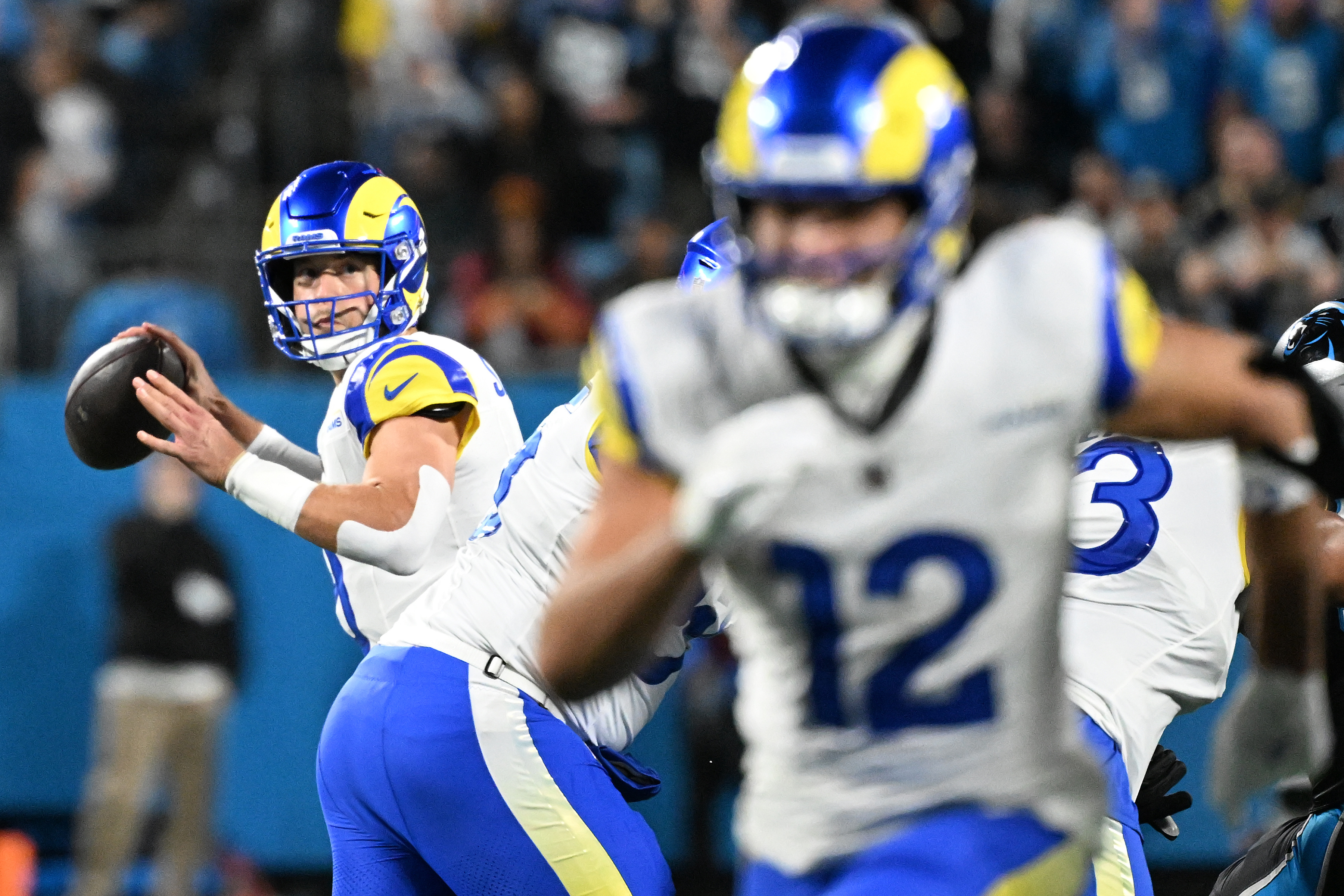 Los Angeles Rams quarterback Matthew Stafford (9) drops back to pass as we look at the Super Bowl MVP odds