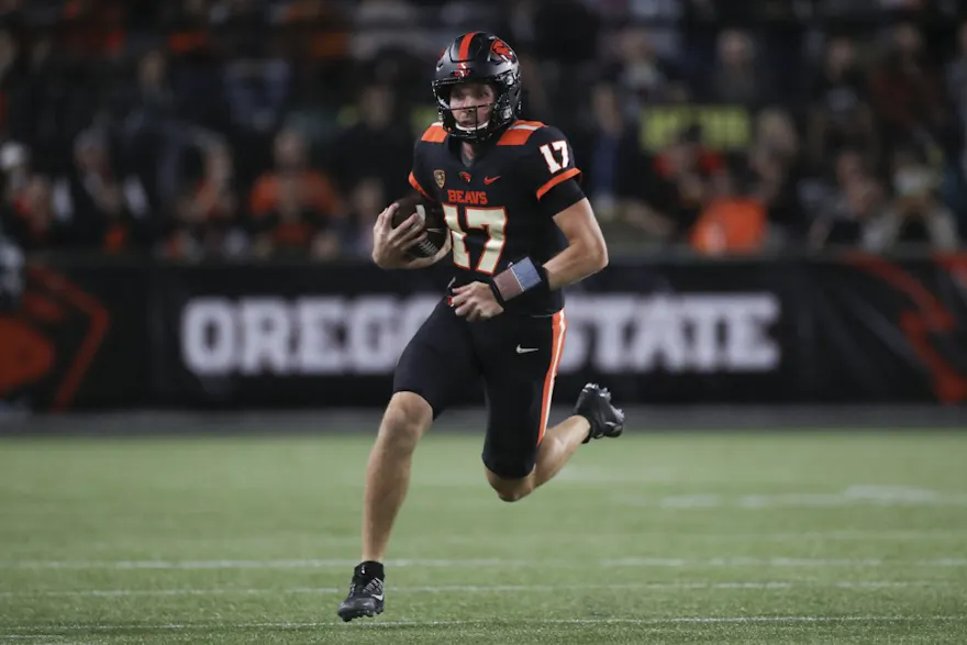 Ben Gulbranson #17 of the Oregon State Beavers rushes against the Montana State Bobcats during the second half at Providence Park on Sept. 17.