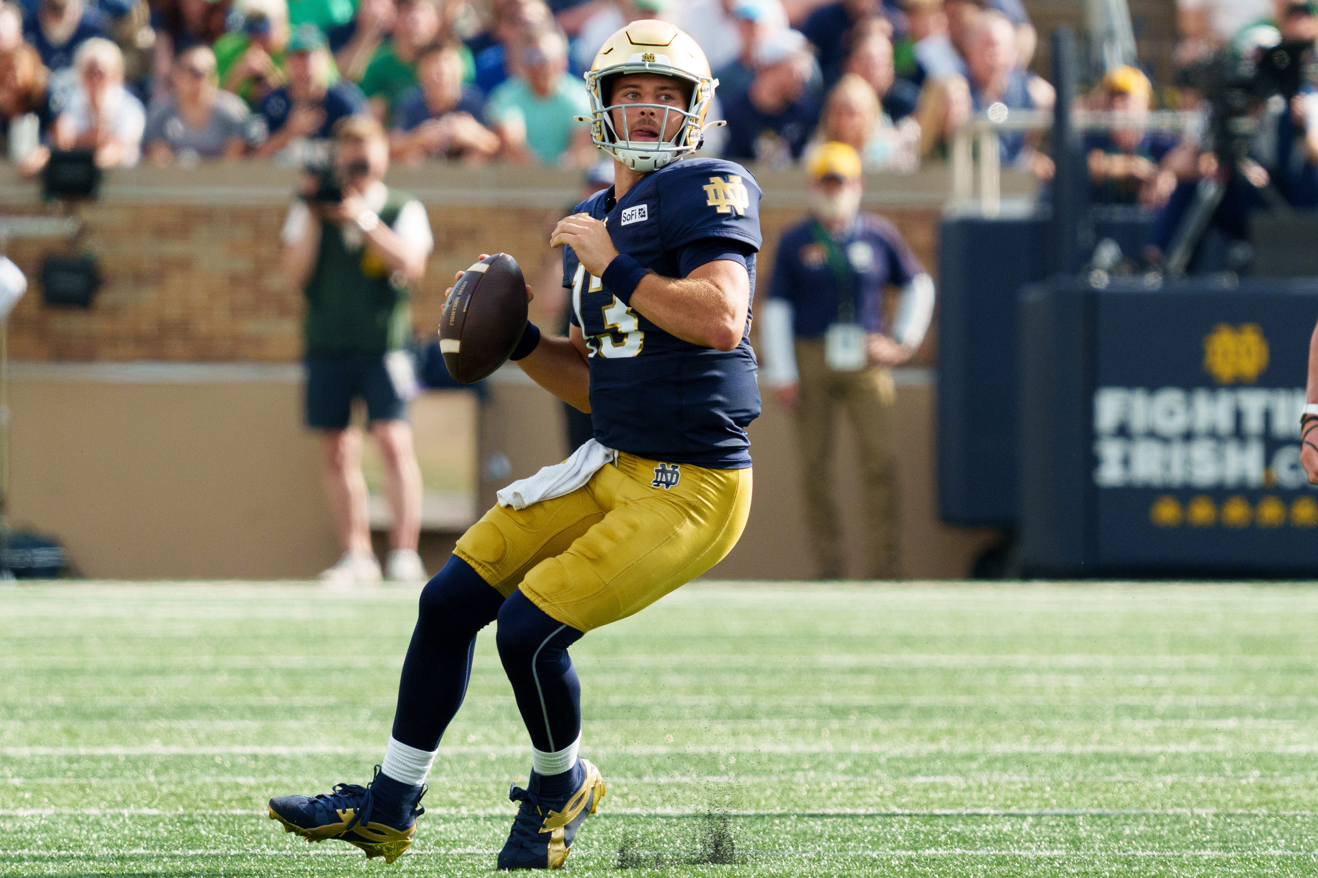 Pictured: ND quarterback CJ Carr as we break down our Michigan State vs. Notre Dame Prediction. Photo by USA TODAY Network via Reuters Connect.