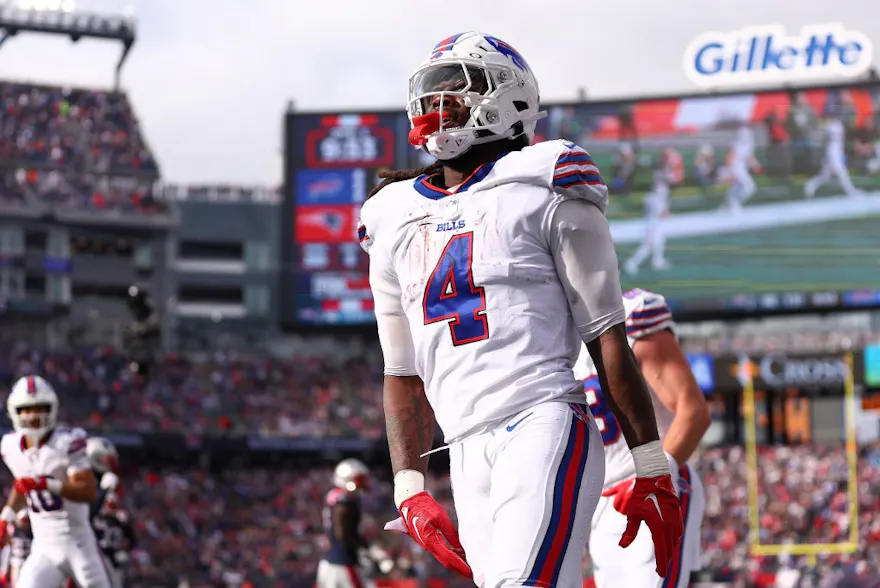 James Cook of the Buffalo Bills celebrates after he scores a touchdown as we look at our best Bills vs. Chiefs player props.