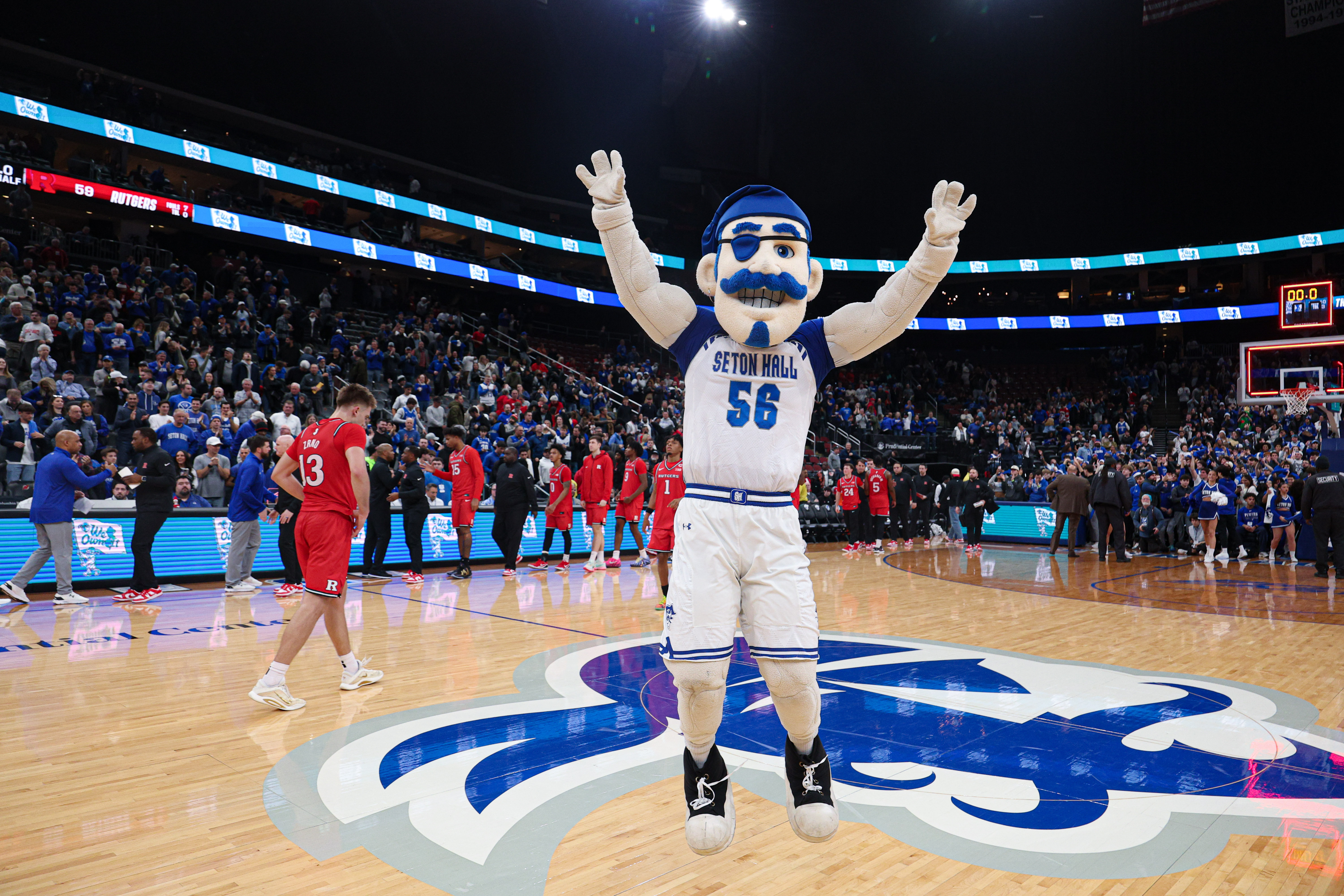 The Seton Hall Pirate celebrates as we make our best college basketball ATS & Over/Under plays today
