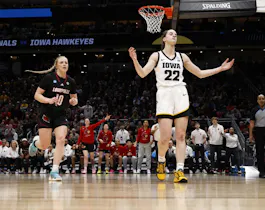 Caitlin Clark of the Iowa Hawkeyes reacts as we look at our Iowa vs. South Carolina predictions