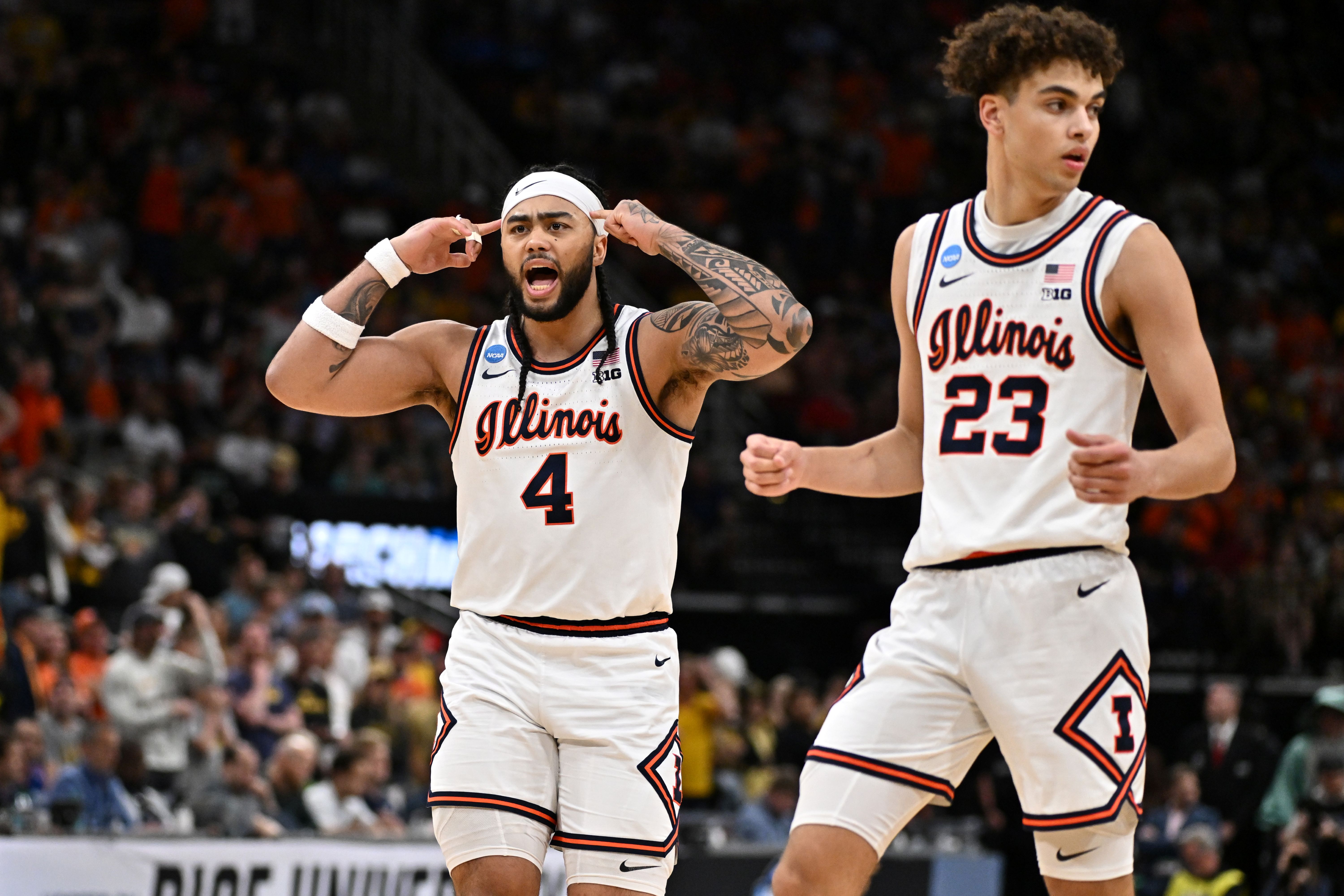 Illinois Fighting Illini guards Kylan Boswell and  Keaton Wagle react as we make our best Illinois vs. UConn same-game parlay