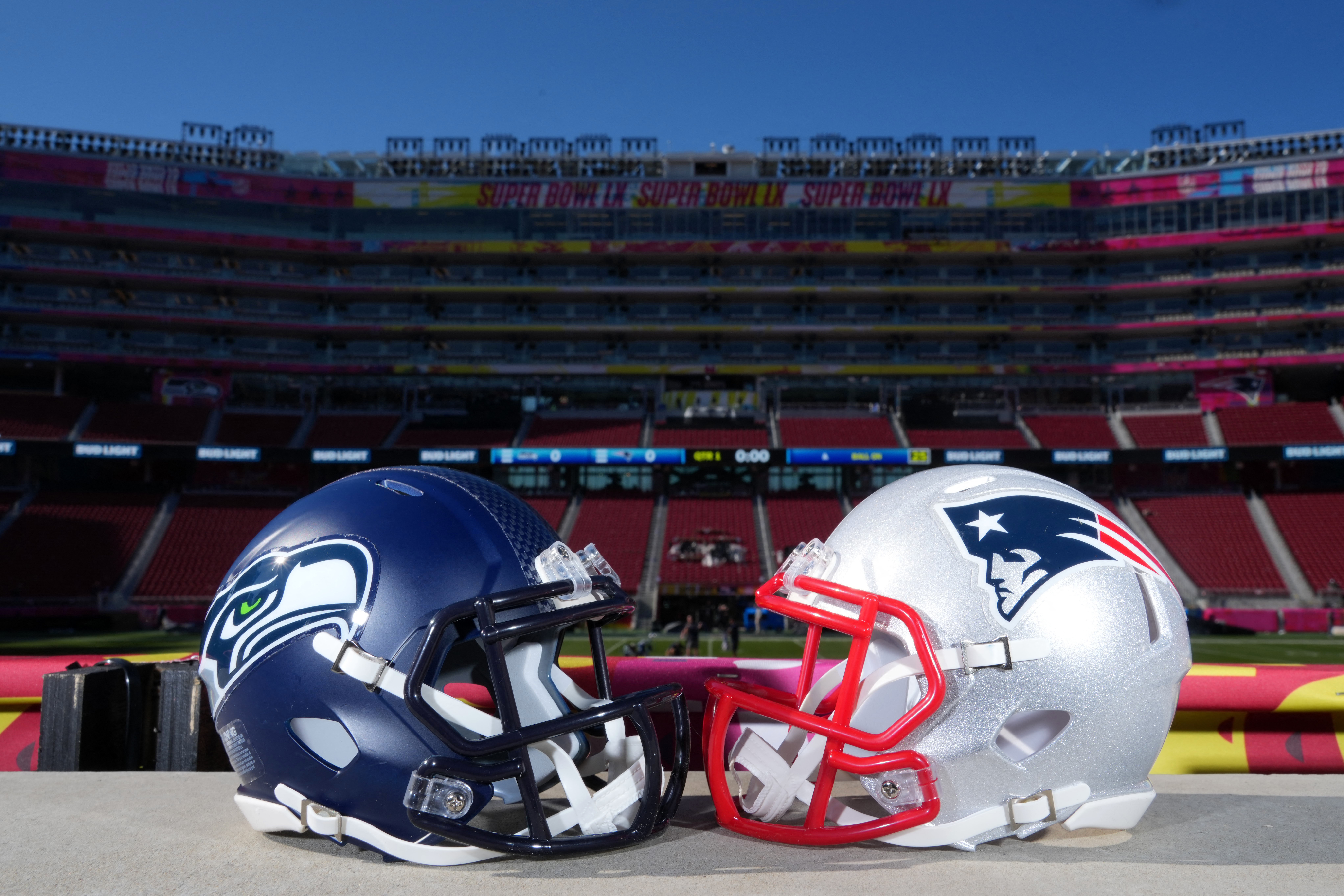Seattle Seahawks and New England Patriots helmets at Levi's Stadium as we explore the Super Bowl weather forecast 2026.