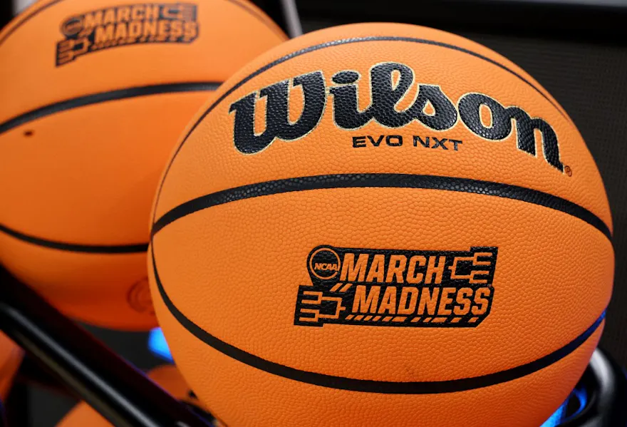 General view of March Madness branding during practice for the NCAA Men's Basketball Tournament.
