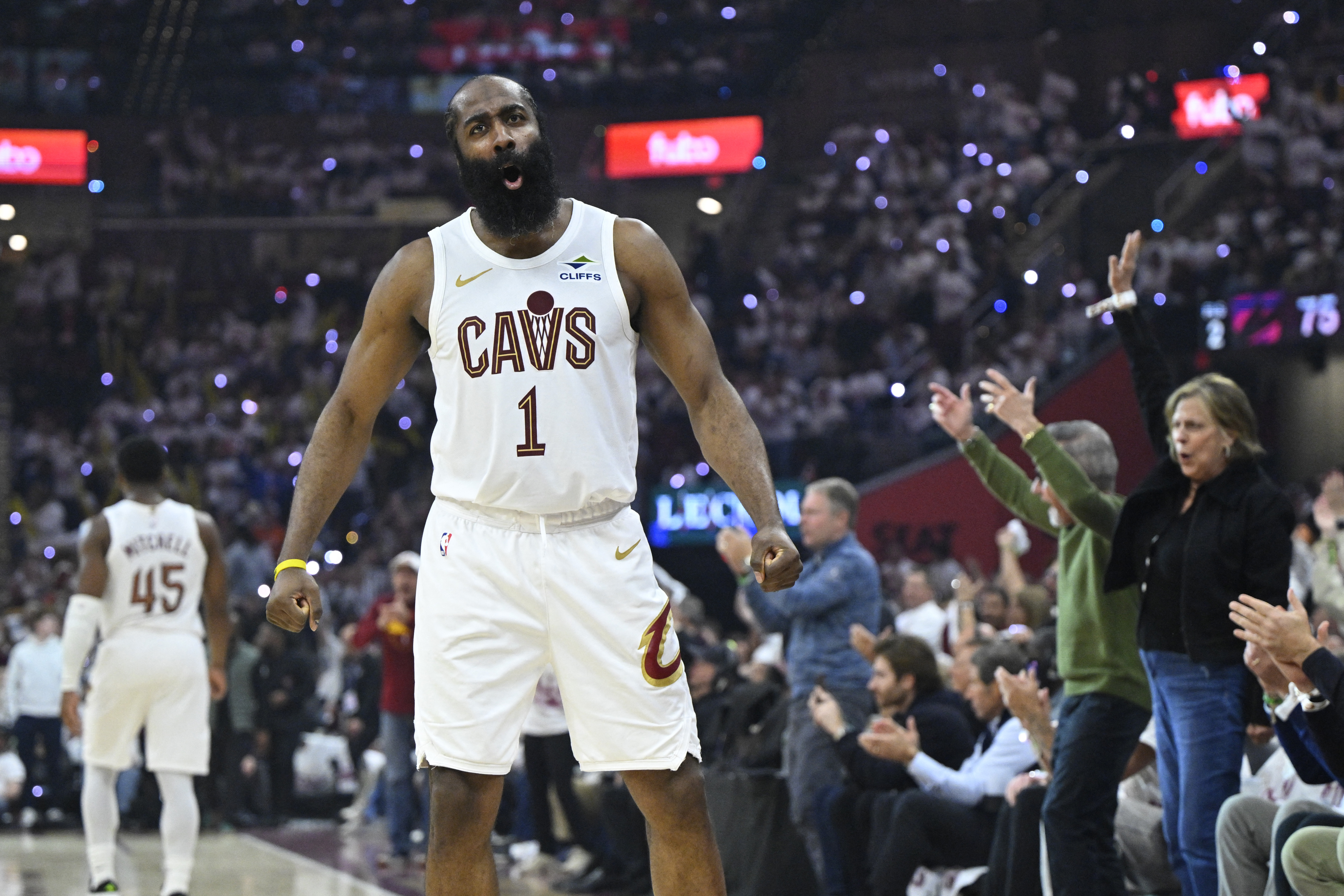 Cleveland Cavaliers guard James Harden (1) celebrates as he is featured in our Cavaliers vs. Pistons player props.