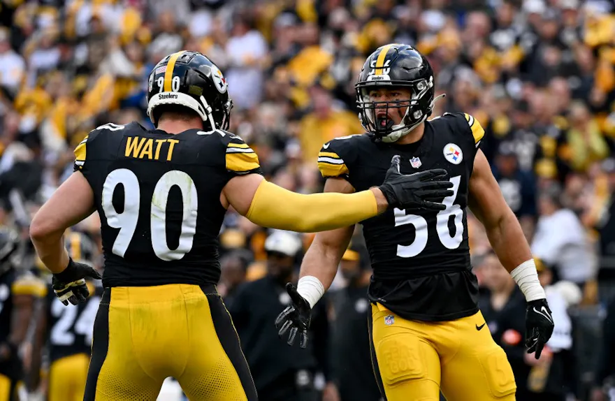 T.J. Watt and Alex Highsmith of the Pittsburgh Steelers celebrate a sack, and we offer new U.S. bettors our exclusive Caesars promo code.