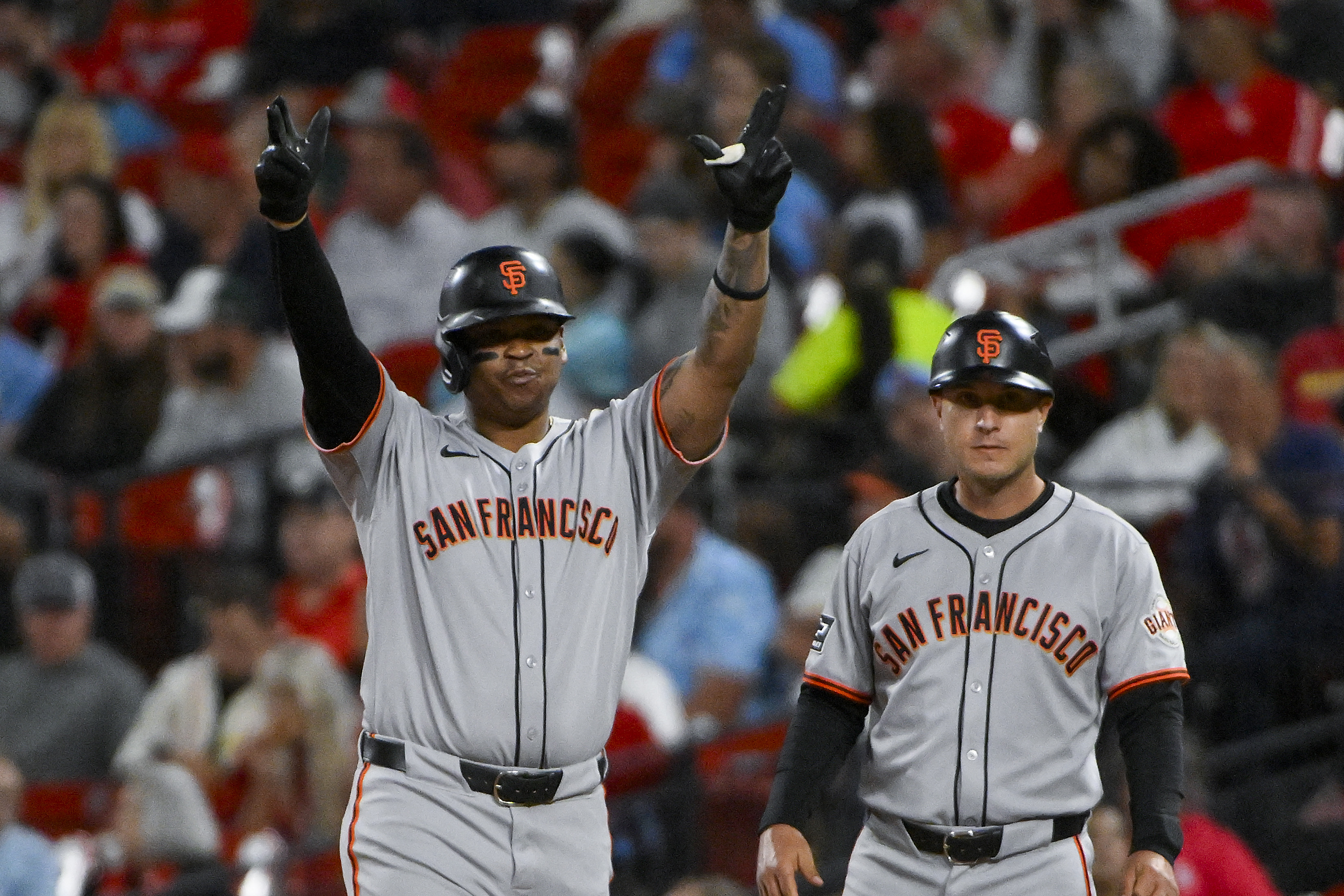 San Francisco Giants designated hitter Rafael Devers reacts after driving in a run, and he headlines our Yankees vs. Giants prediction for Opening Night.
