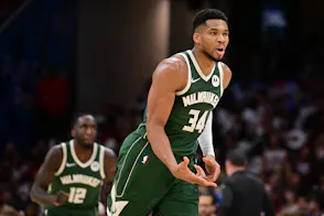 Milwaukee Bucks forward Giannis Antetokounmpo (34) celebrates after hitting a 3-pointer as break down our Giannis Antetokounmpo player props tonight.
