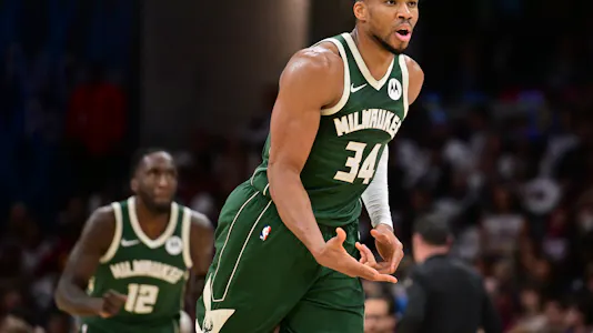 Milwaukee Bucks forward Giannis Antetokounmpo (34) celebrates after hitting a 3-pointer as break down our Giannis Antetokounmpo player props tonight.