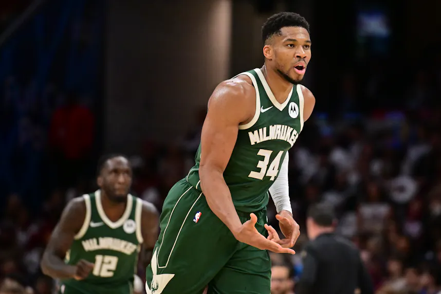 Milwaukee Bucks forward Giannis Antetokounmpo (34) celebrates after hitting a 3-pointer as break down our Giannis Antetokounmpo player props tonight.
