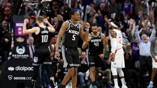 De'Aaron Fox of the Sacramento Kings reacts after they beat the LA Clippers at Golden 1 Center in Sacramento, California. Photo by Ezra Shaw/Getty Images via AFP.