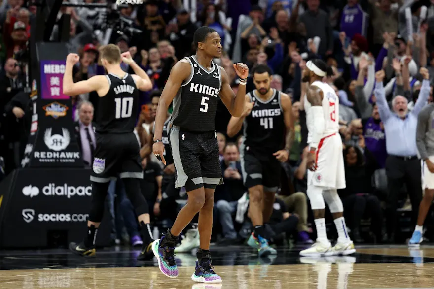 De'Aaron Fox of the Sacramento Kings reacts after they beat the LA Clippers at Golden 1 Center in Sacramento, California. Photo by Ezra Shaw/Getty Images via AFP.
