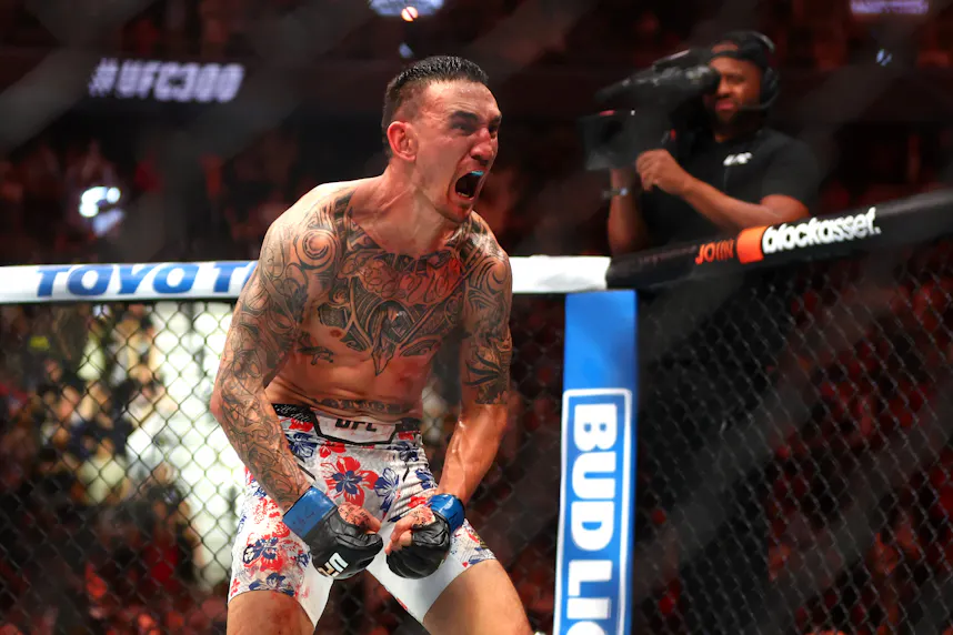 Max Holloway reacts after defeating Justin Gaethje during UFC 300 as we look at our UFC 308 odds.