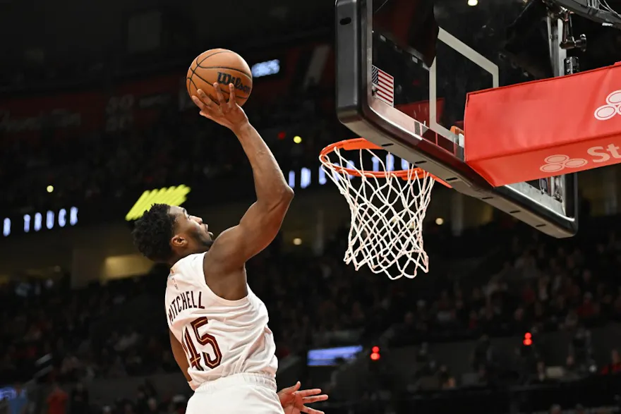 Donovan Mitchell of the Cleveland Cavaliers shoots during the fourth quarter against the Portland Trail Blazers at the Moda Center on January 12, 2023 in Portland, Oregon. The Cleveland Cavaliers won 119-113.