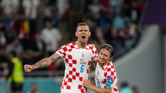 Dejan Lovren and Luka Modric of Croatia after qualifying to World Cup Round of 16.