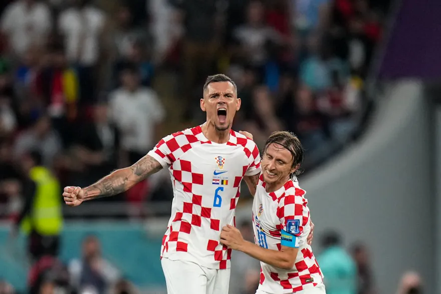 Dejan Lovren and Luka Modric of Croatia after qualifying to World Cup Round of 16.