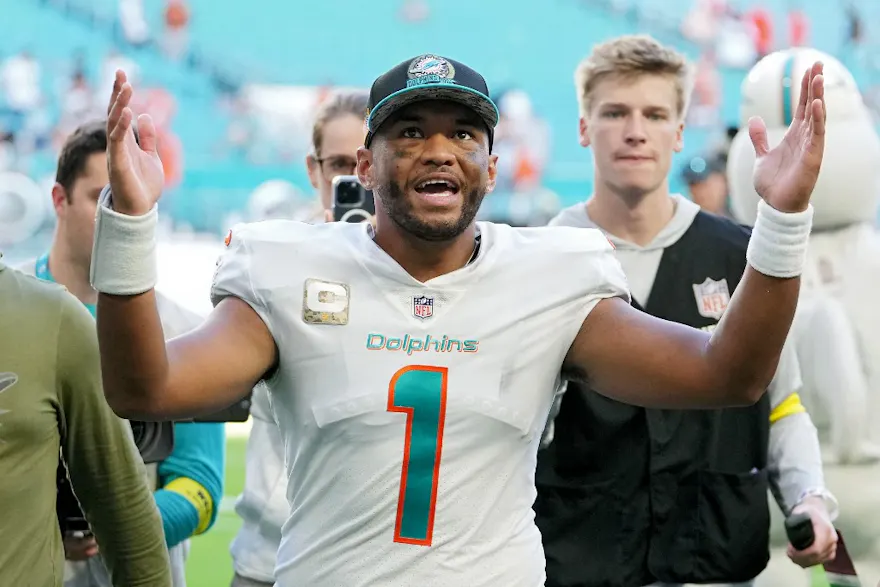 Tua Tagovailoa of the Miami Dolphins reacts after defeating the Cleveland Browns, and we offer new U.S. bettors our exclusive bet365 bonus code.