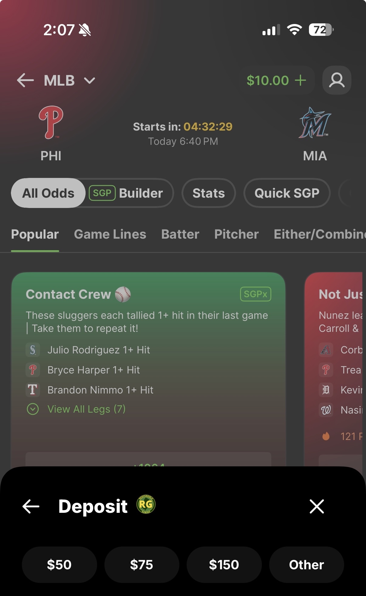 DraftKings Sportsbook app with Deposit information.