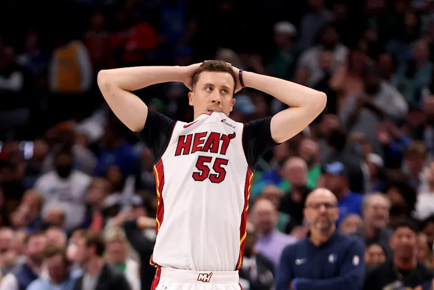 Duncan Robinson #55 of the Miami Heat reacts after a basket as we look at our NBA player props and best bets for Friday