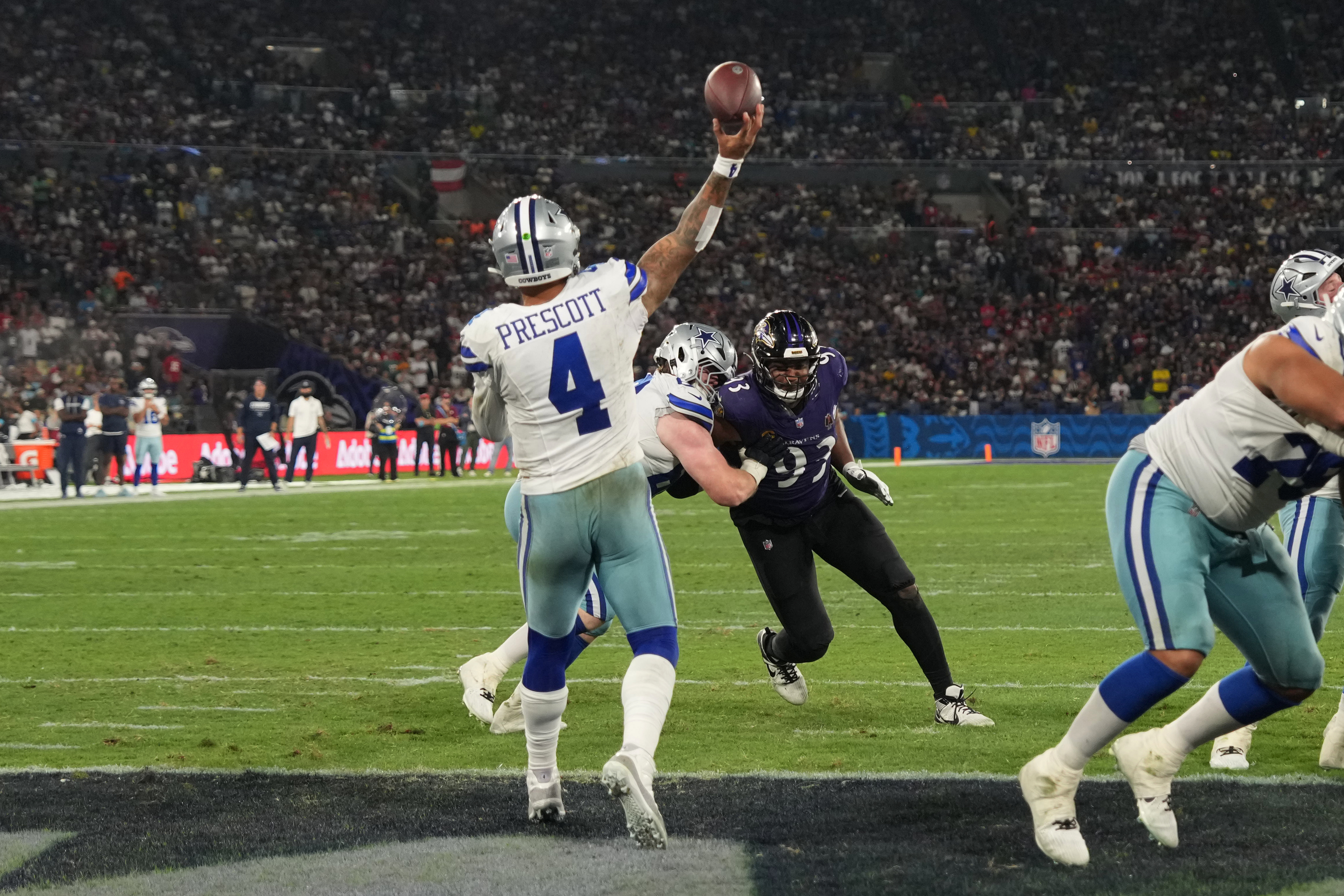 Pictured: Cowboys quarterback Dak Prescott throwing a pass as we break down our NFL AI Predictions: Week 4 ATS Picks & Score Projections for Every Matchup. Photo by Kirby Lee-Imagn Images. 