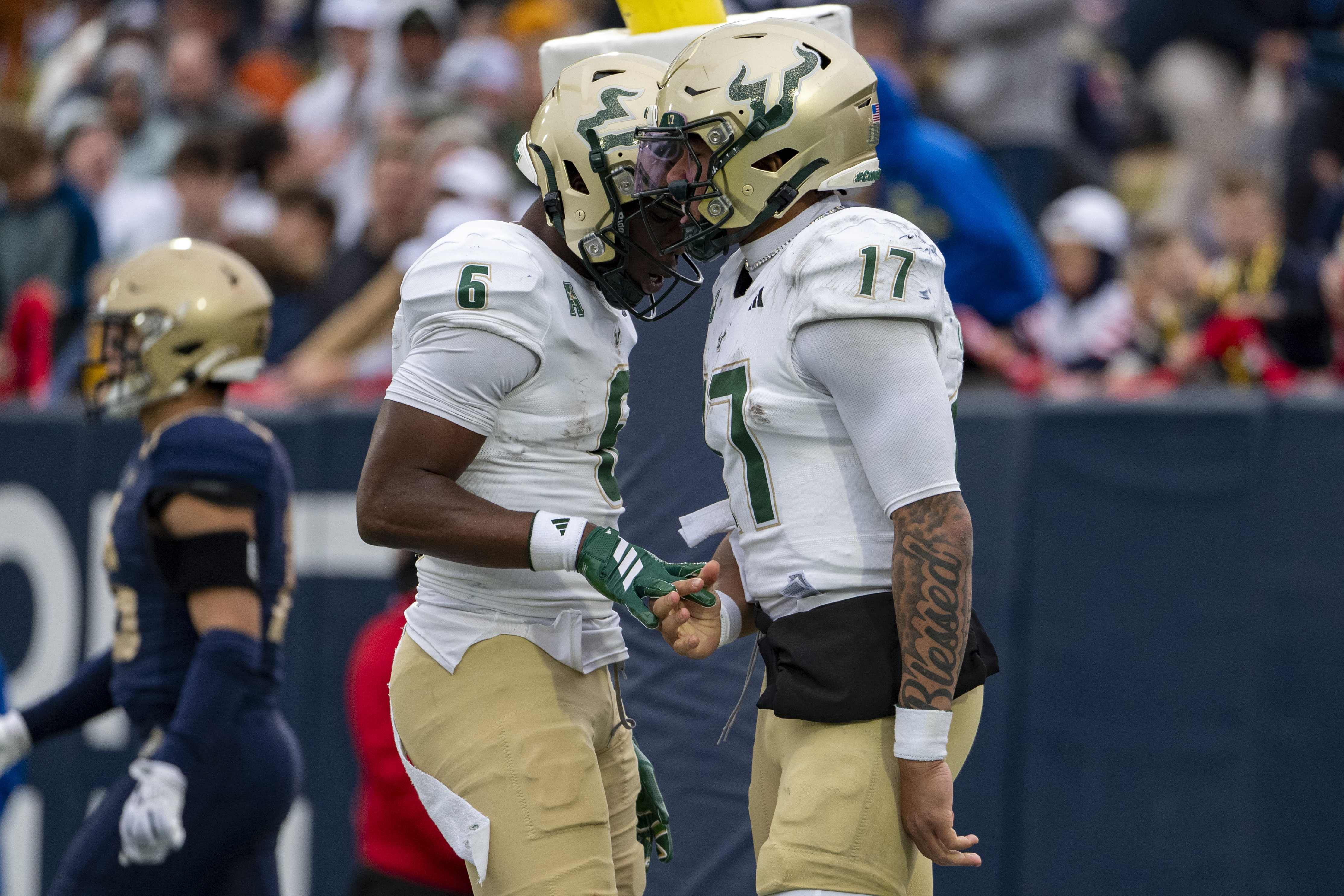 South Florida Bulls quarterback Byrum Brown (17) celebrates with wide receiver Mudia Reuben (6) as we break down the latest college football bowl odds and schedule.