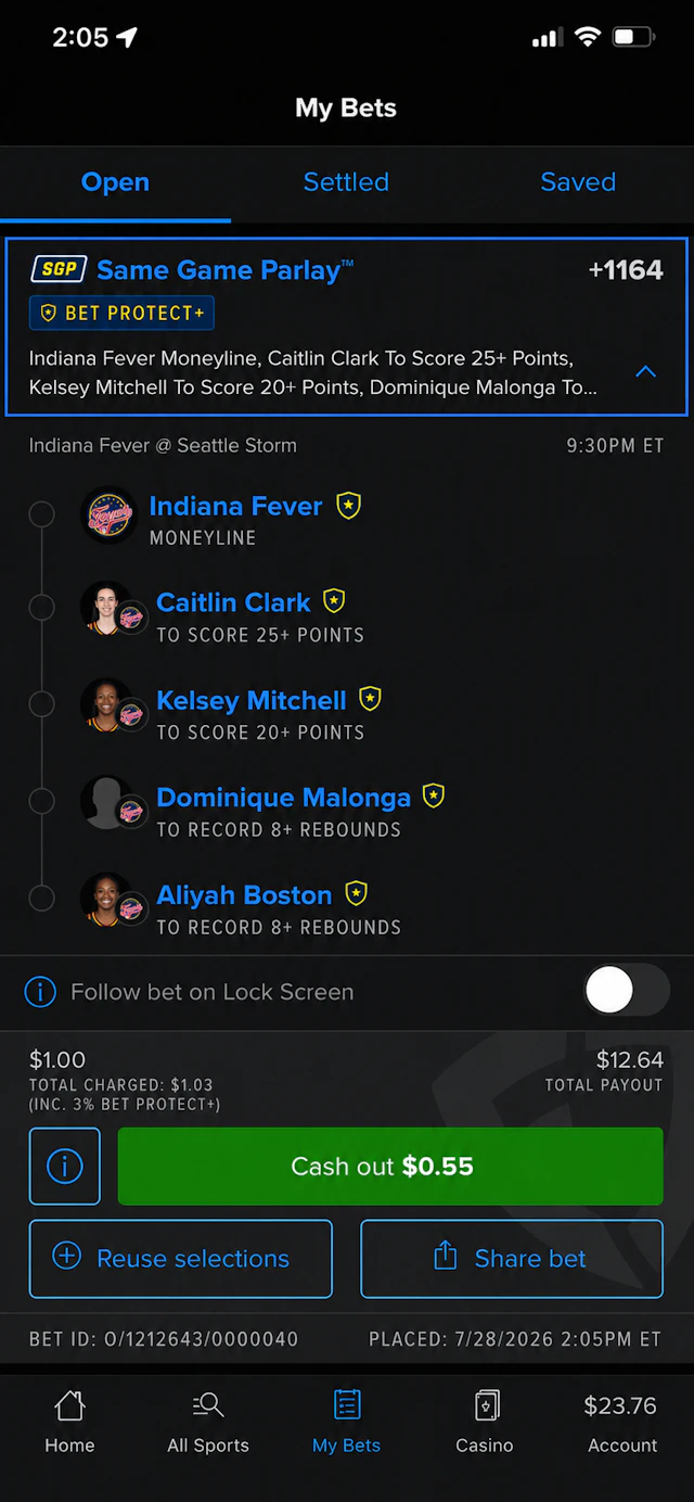 FanDuel Sportsbook screenshot with SGP odds highlighted on betslip.
