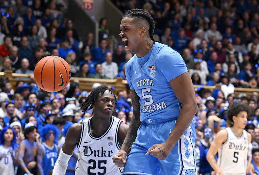 Armando Bacot #5 of the North Carolina Tar Heels reacts as we look at the best FanDuel promo code for North Carolina residents.