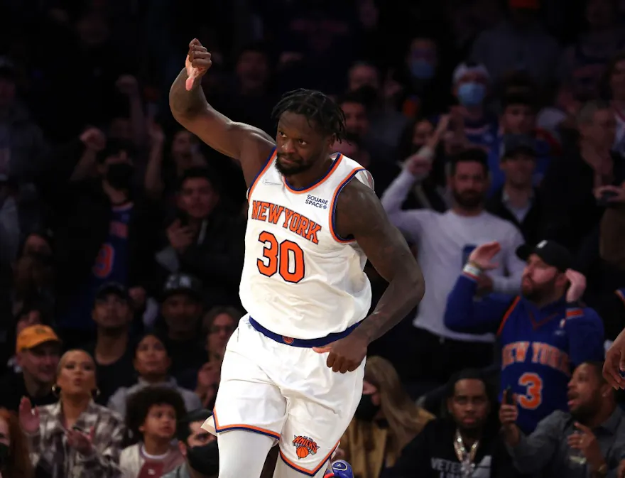 Julius Randle of the New York Knicks gives a thumbs down to the fans after scoring against the Boston Celtics during their game at Madison Square Garden in New York City. Photo by Al Bello/Getty Images via AFP.