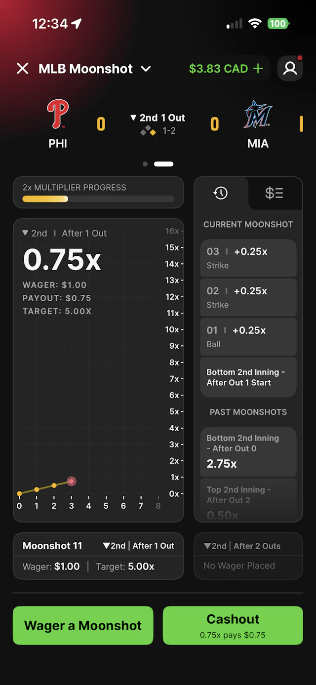 DraftKings Moonshot bet placed on July 29, 2026 showing a 0.75x multiplier.