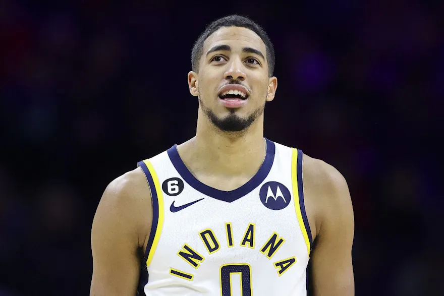 Tyrese Haliburton of the Indiana Pacers reacts during the third quarter against the Philadelphia 76ers at Wells Fargo Center, and we're offering our NBA best bets for Wednesday based on the best NBA odds.