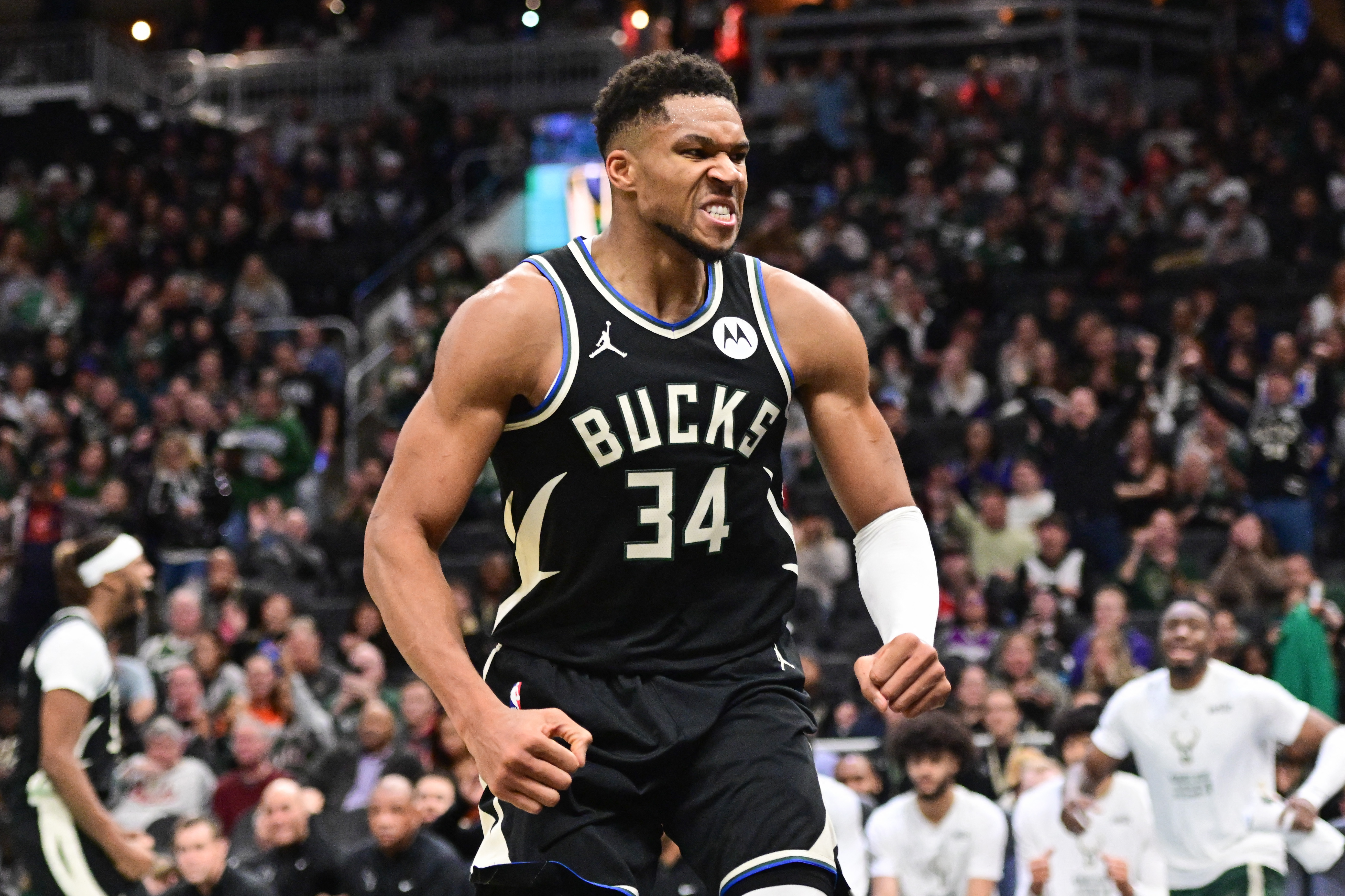 Milwaukee Bucks forward Giannis Antetokounmpo (34), seen here reacting during a game, is featured in our Hawks vs. Bucks player props tonight.