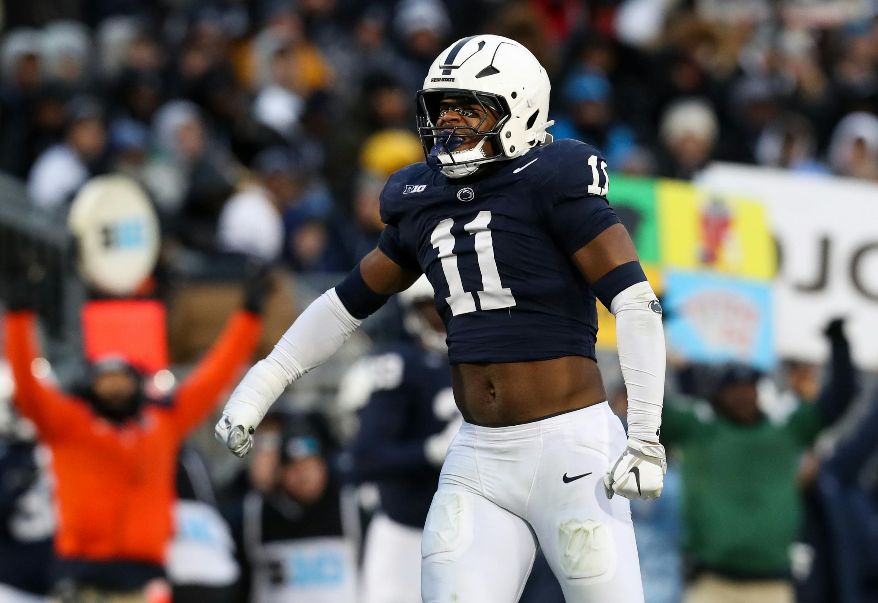 Penn State defensive end Abdul Carter reacts after sacking Maryland Terrapins quarterback MJ Morris. Penn State is part of our college football bowl game odds coverage. 