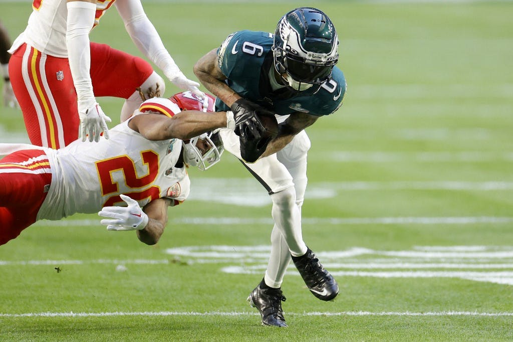 DeVonta Smith #6 of the Philadelphia Eagles carries the ball as we look at our Eagles betting preview