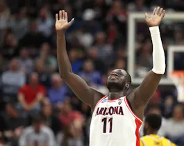 Oumar Ballo of the Arizona Wildcats reacts during the second half against the Long Beach State 49ers in the first round of the NCAA Men's Basketball Tournament. We're backing Ballo in our Clemson vs. Arizona picks and best bet.