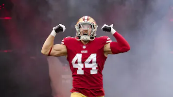 Kyle Juszczyk #44 of the San Francisco 49ers takes the field as we look at our anytime touchdown scorer predictions for Week 2.
