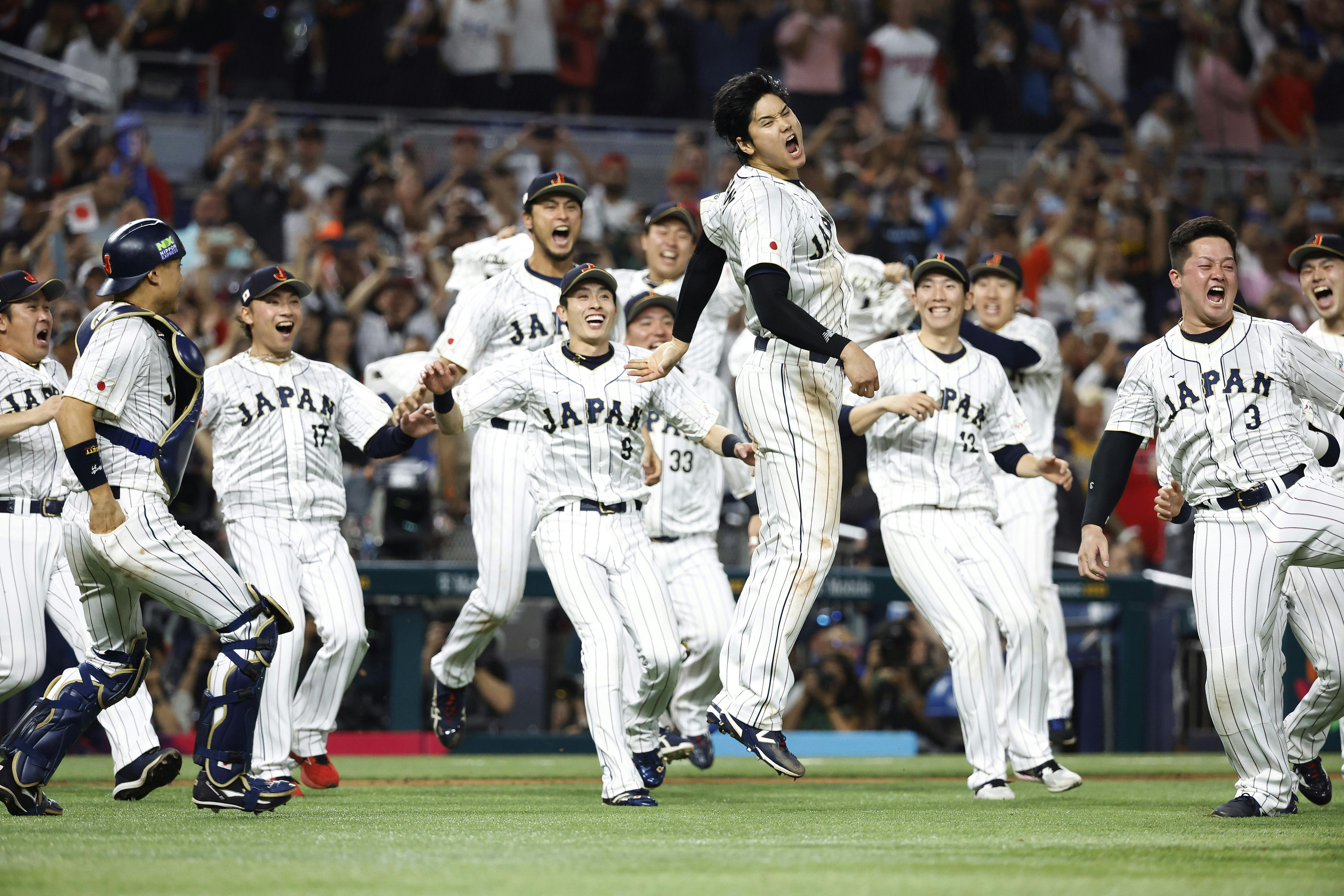 Team Japan celebrates defeating the USA in the World Baseball Classic, and we