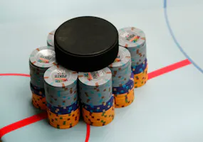 A view of the chips and dealer button used during the NHL Charity Shootout at the World Series of Poker at the Rio Hotel & Casino in Las Vegas.