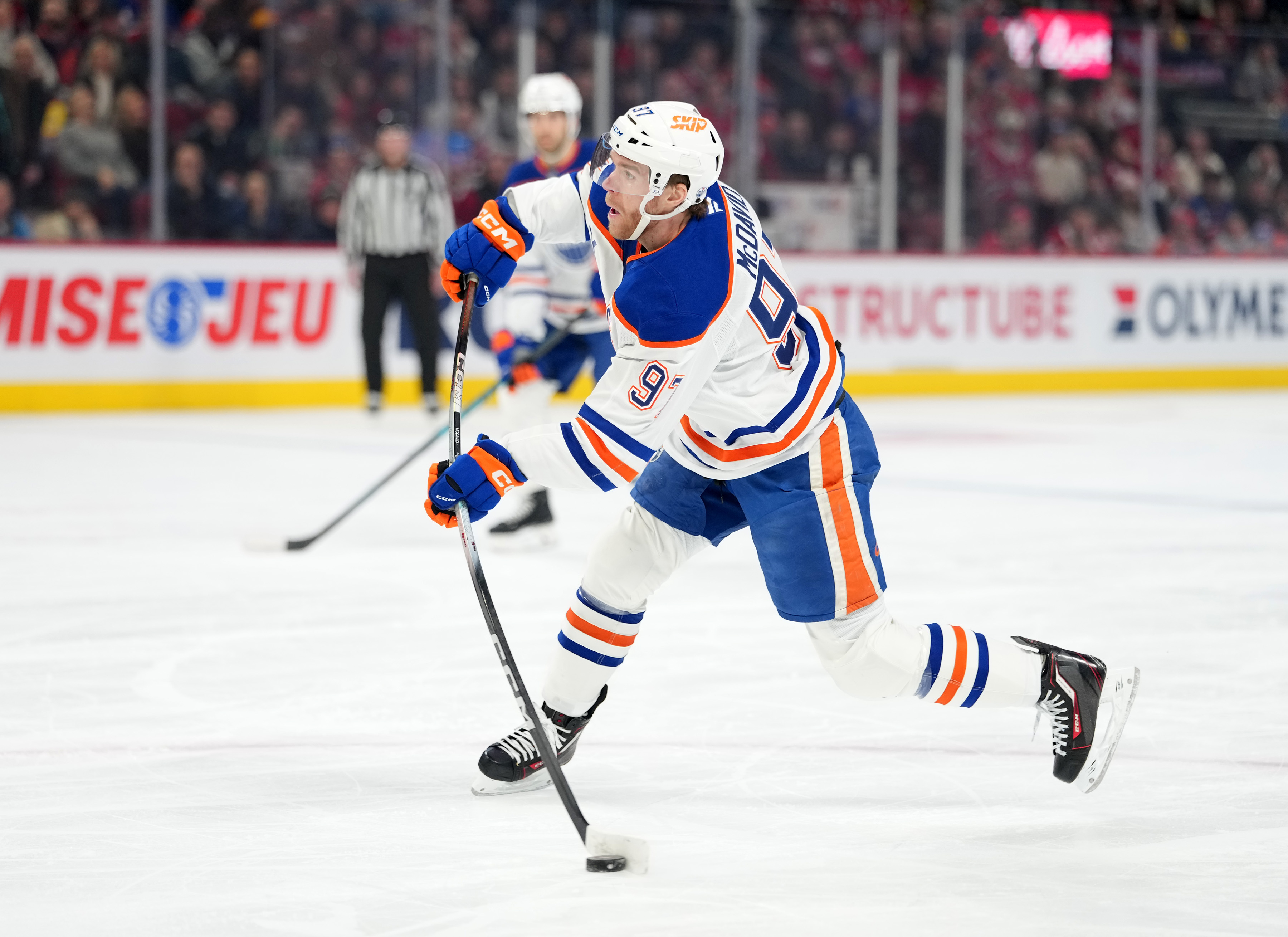 Edmonton Oilers forward Connor McDavid (97) takes a shot on net during as part of our Oilers vs. Penguins player props.
