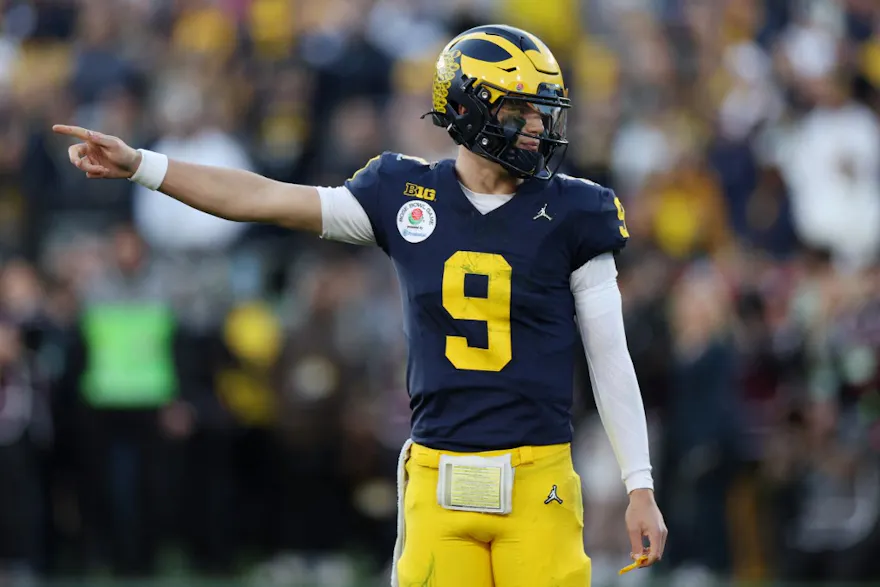 J.J. McCarthy of the Michigan Wolverines signals in the third quarter as we share our best McCarthy player props for the national championship game.