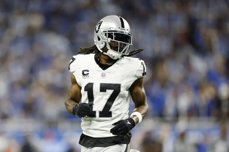Davante Adams of the Las Vegas Raiders looks on in the second quarter against the Detroit Lions at Ford Field as we look at our Week 10 parlay picks.