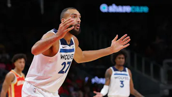 Rudy Gobert #27 of the Minnesota Timberwolves reacts after drawing a technical foul as we look at amendments to sports betting legislation in Minnesota.