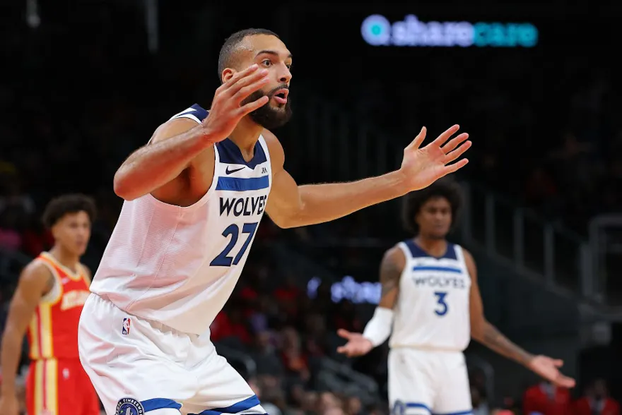 Rudy Gobert #27 of the Minnesota Timberwolves reacts after drawing a technical foul, as we look at the latest NBA Defensive Player of the Year odds.