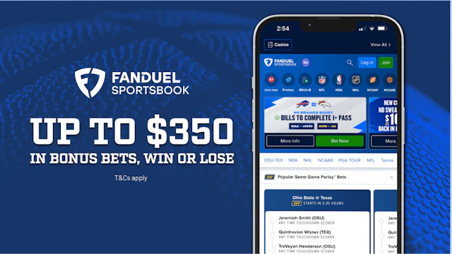 FanDuel Sportsbook promo text 'up to $350 in bonus bets, win or lose' beside a mobile phone showing the FanDuel app.