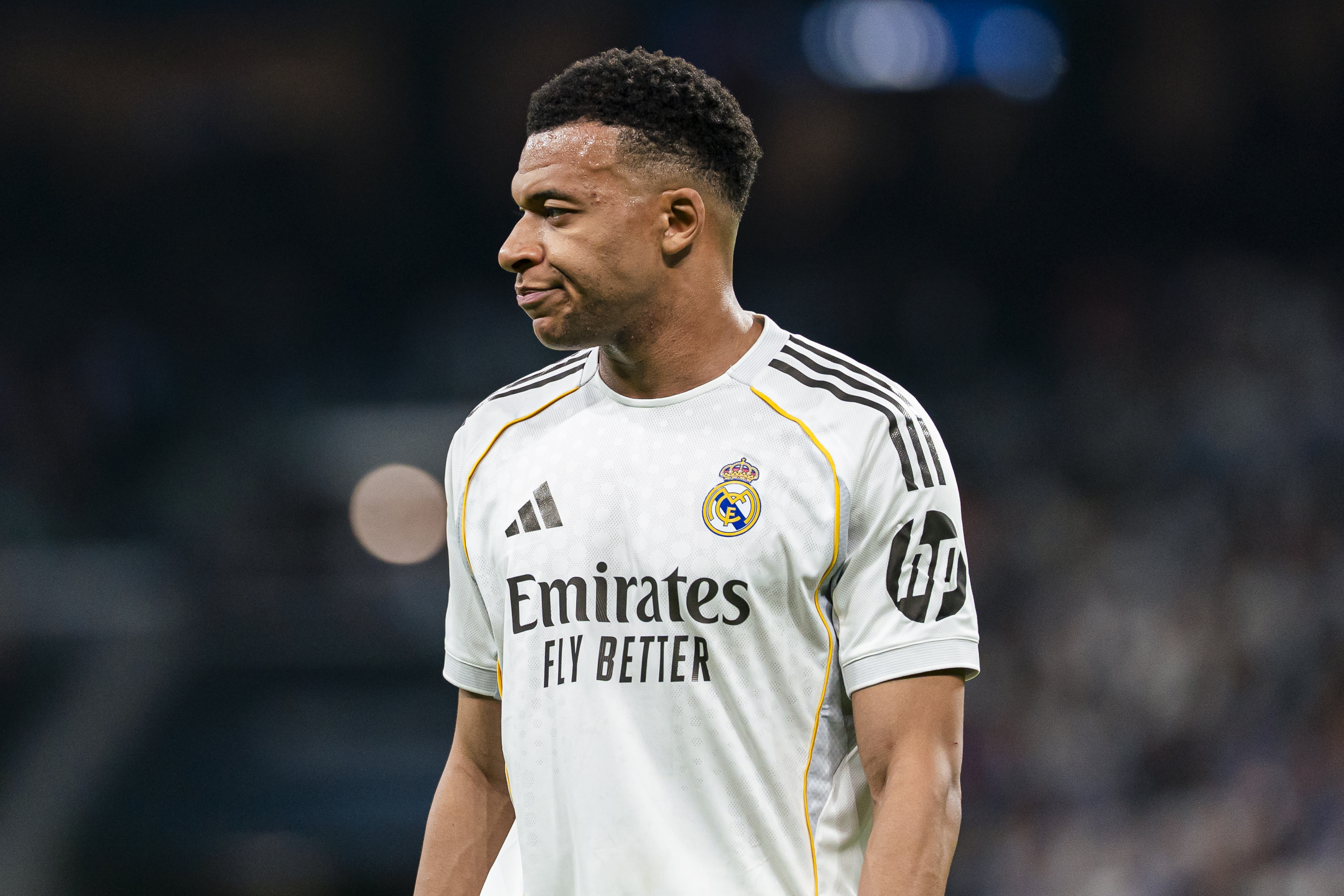 Real Madrid CF´s Kylian Mbappe, seen here reacting during a game, is featured in our Bayern Munich vs. Real Madrid prediction.