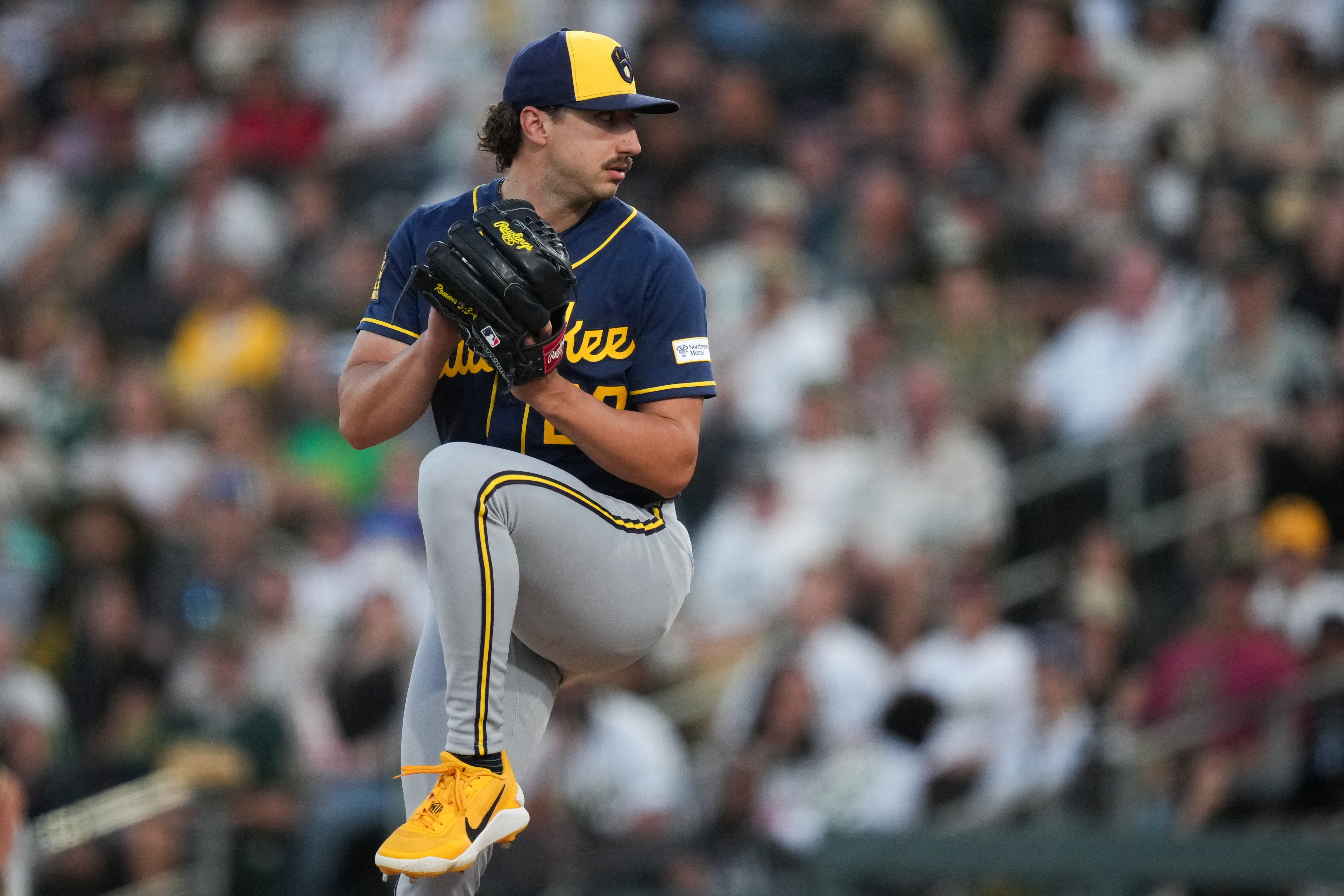 Milwaukee Brewers pitcher Brandon Sproat - who's featured in our best strikeout props today - throws the ball. 