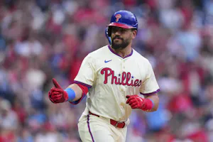 Kyle Schwarber reacts after hitting a solo home run against the San Francisco Giants, and we offer our top Cardinals vs. Phillies player props and expert picks based on the best MLB odds.