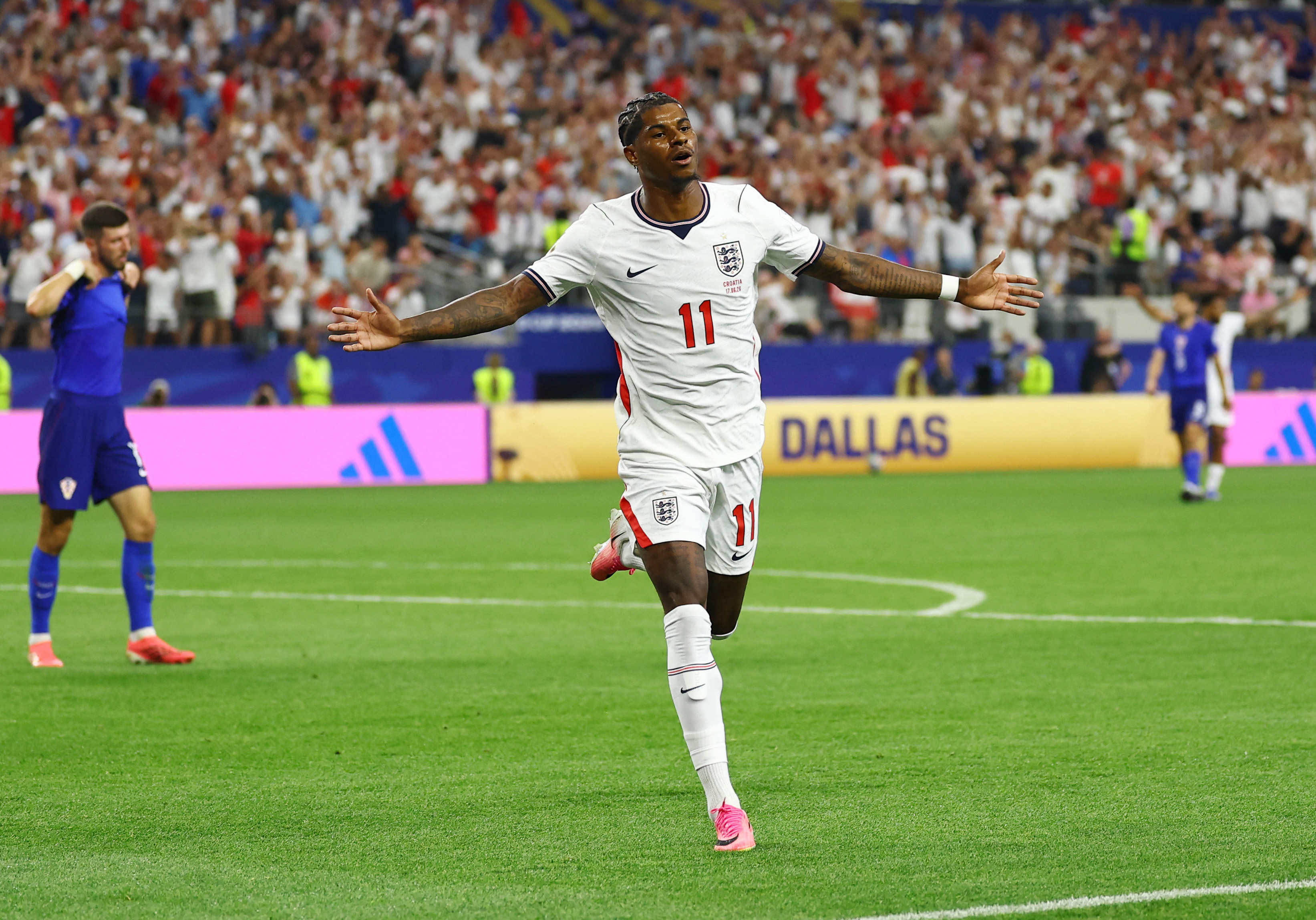 England's Marcus Rashford celebrates scoring as we make our best France vs. England anytime goal scorer props.