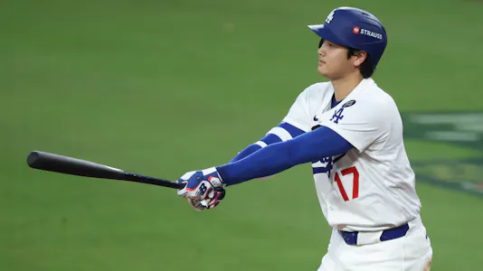 Los Angeles Dodgers two-way player Shohei Ohtani (17) - who is the focus of our Shohei Ohtani player prop bets for Game 5 of the World Series tonight - reacts after striking out against the Toronto Blue Jays.